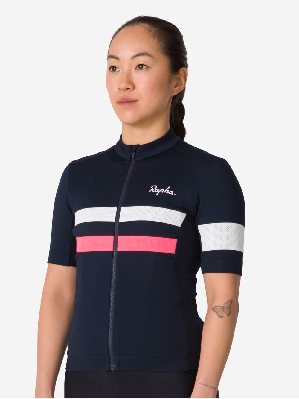 NWOT Rapha Bevet Women’s Navy Cycling Jersey with Pink and White Stripes - Picture 2 of 9